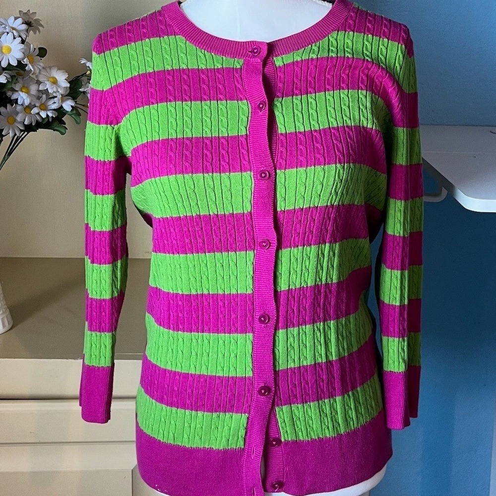 Y2K Talbots Size Small / Medium Petite Long Sleeve Striped Cardigan Sweater 90s‎